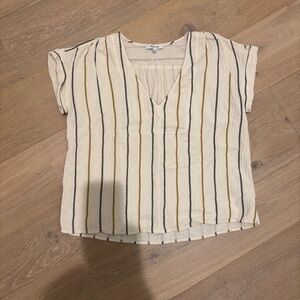 Madewell cream v-neck short sleeve top with gray and mustard yellow stripes